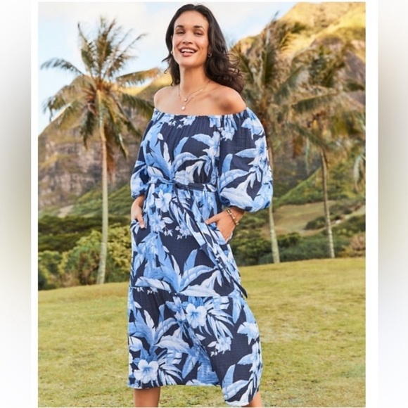 TOMMY BAHAMA DAYBREAK HIBISCUS MEDIUM OFF SHOULDER DRESS 100% COTTON NAVY $178 - Picture 1 of 14
